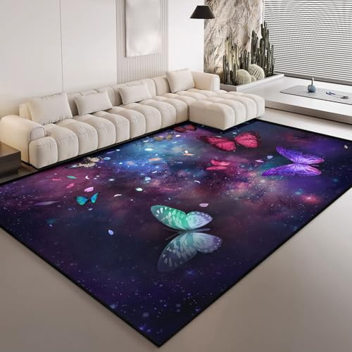 HOSIMA Teppich Mit Schmetterlings-Sternenhimmel-Aufdruck,Weiche,rutschfeste Unterseite,Kurze Teppiche für Kinderzimmer,Schlafzimmer,rutschfeste Bodenmatte,Flauschige Matte(100 * 150)