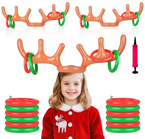 Set Corna di Cervo Gonfiabile, Gioco di Lancio degli Anelli Natalizio, Cappello con Corna di Renna Gonfiabili di Natale, Gioco Gonfiabile di Lancio Divertente, Giochi Natalizi per Feste e Famiglia (A)