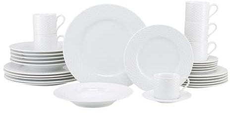 CreaTable, 24642 Série Polo Weiss Service de table 30 pièces pour 6 personnes, en porcelaine, passe au lave-vaisselle et au micro-ondes, production de qualité