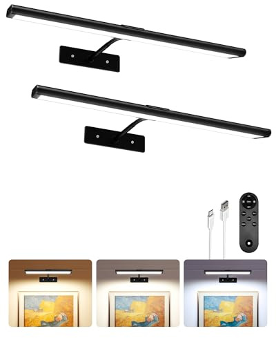 EZVALO Picture Light for Wall, 16'' Black Rechargeable 4800mAh Battery Lights Wireless Remote, Dimmable Magnetic LED Art Painting Light with 3 Color Temperatures, Display for Gallery, Living Room(2P)