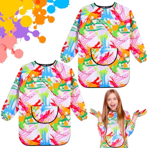 Halinuia 2 Stück Malschürze Kinder Malerkittel für 3-6 Jahre Jungen Mädchen, Bastelschürze mit Tasche,Wasserdicht & Atmungsaktiv für Schule, Kunst,Malerei,Basteln,Rosa