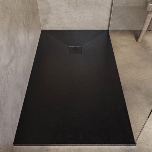 SoulHome Plato de Ducha Resina 150x75 Negro - Rejilla Mismo Color | Antideslizante C3, Extraplano, Resina y carga mineral, Textura Liso Piedra, Antibacteriano, Gel-coat, Incluye válvula desagüe