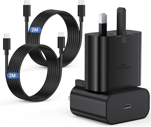 Samsung Fast Charger 2Pack, Samsung USB C Charging Plug UK and 2M Cable USBC to Type C Long Lead for Galaxy S25 S24 S23 S22 S21 S20 A32 A33 A34 A35 A36 A53 A54 A55 A56 A52 A17 A16 A25 A26 A22 A23 A24