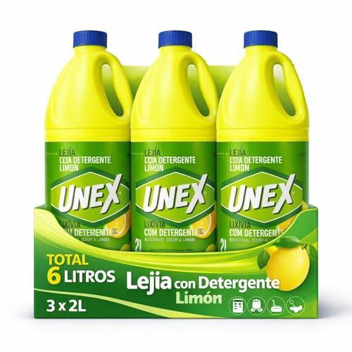 Lejía con Detergente Limón, Desinfectante Superficies, Uso en Baño, Cocina, Azulejos, Suelos, Aptas para Desinfección y limpieza, Combate los malos olores con fragancia fresca, 3 botellas de 2 Litros