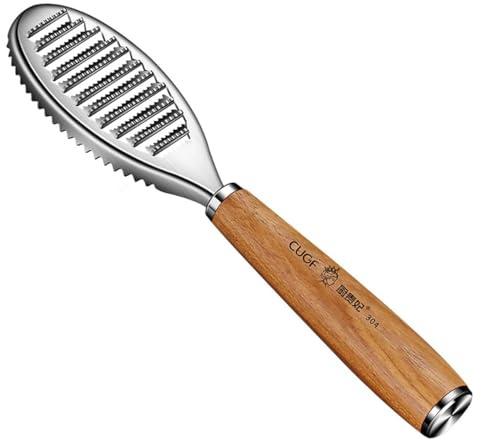 MoSundi Stainless Steel Fish Scale Remover with Wooden Handle, Serrated Fish Scaler Tool for Easy Cleaning, Non-Slip Ergonomic Design, Splatter-Proof Grooves, 21.5 x 4.4 cm