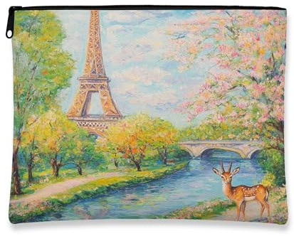 Paris Tower Makeup Bag, Pastel Floral Cosmetic Pouch for Women, Portable Canvas Zipper Organizer, Spring Travel Toiletry Bag 7x9 Inch