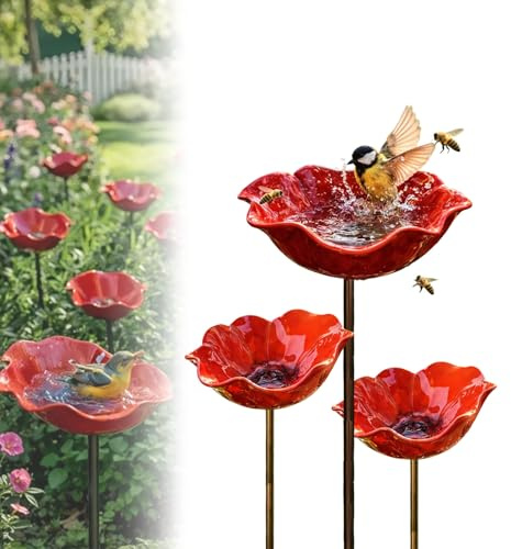 Handmade Metal Flower Garden Stake, Dual-Function Metal Flower Bird Bath & Pollinator Water Station, Ground Plug Design, Red Birdbath Bowl for Yard Lawn Patio Landscape Decor (3Pcs)
