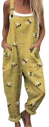 Generico Salopette Donna Lunga con Tasche Stampa Api Bretelle Ampie vestibilità Comoda Tutina Casual Estiva Pantaloni Larghi per Vacanza al Mare Weekend in Campagna Passeggio