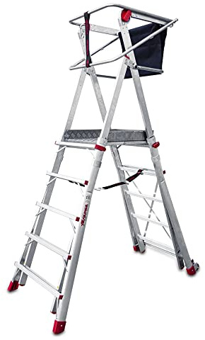 Faraone - Escalera con Plataforma PLS5-250x83x26 cm - Escalera 5 Peldaños - Escalera Plegable de Aluminio - Uso Profesional - Fácil de Transportar - con Ruedas - Amplio Plano de Trabajo