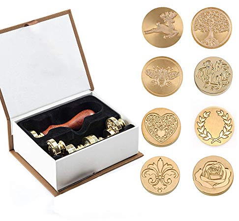 Opaltool Wachs Stempel Set, 8PC Wachssiegel Stempel Messing Köpfe und 1 Holzgriff Vintage selbstklebende Siegellack Stempel Kit Geschenk für Umschlag Postkarte Label Hochzeitseinladung
