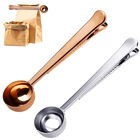 2PCS Coffee Scoop with Bag Clip, Stainless Steel Coffee Measuring Spoon Ground Coffee Sealer for cafetiere Ground Coffee and Beans(Silver+Rose Gold）