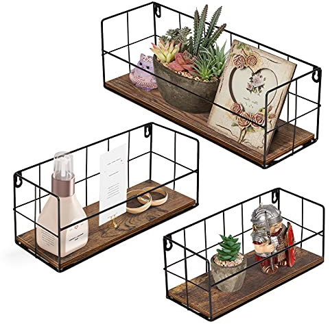 HORLIMER Wandregal 3er Set, Schweberegal Schwarzer Metall mit Holz, Regal Wand für Wohnzimmer Badezimmer Arbeitszimmer Küche Flur (Rechteckig)