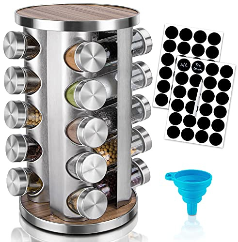 dasaka Rotating Spice Rack Organizer with Jars(20Pcs), Seasoning Organizer for Cabinet, Kitchen Spice Racks for Countertop, Revolving Stainless Steel Spice Organizer