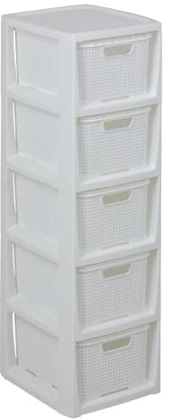 BranQ - Home essential Regal in Rattan Design, BPA-freie Kunststoff PP, Weiß, 29,5 x 24 x 80 cm, 5 Körben