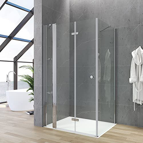 Duschkabine Eckeinstieg 110x90 x 187 cm Duschabtrennung Duschwand Glas Eck Dusche Duschtür an Festteil mit festem Seitenteil Eckdusche rahmenlos Falttür Drehtür Drehfalttür Eckregale Eckablage