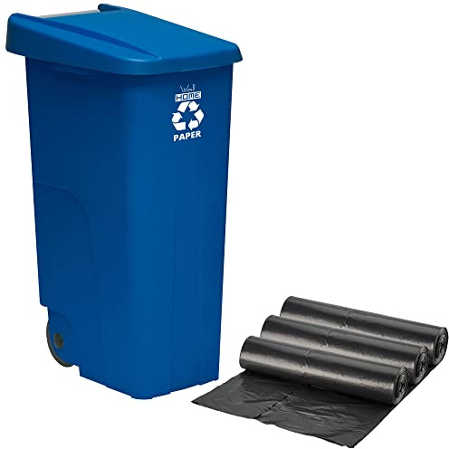 WELL HOME MOBILIARIO & DECORACIÓN Contenedor Wellhome Reciclo 110 litros, Cerrado con Tapa, Ideal para Reciclaje de Papel y cartón, con Ruedas + 3X Bolsas de Basura de 10 Unidades, Azul