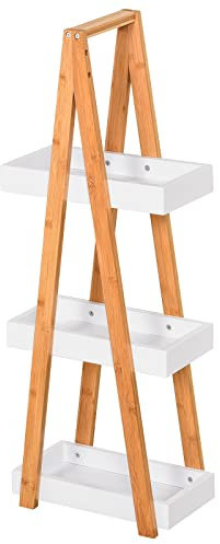kleankin Estantería de Baño de Bambú con 3 Estantes Estantería de Almacenaje Estantería de Madera en Forma de A 30x18x81 cm Natural y Blanco