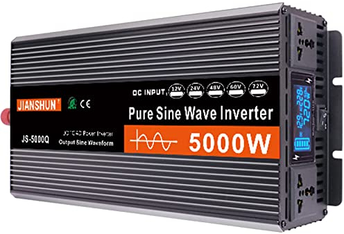 BONAD Inversor 3000W 4000W 5000W 6000W Inversor Onda Pura 12V/24V/48V/60V DC to 220V AC para camion Transformador con convertidor energia para Placa Solar,5000W-12V