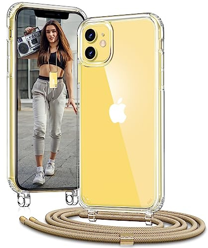 Vaykwo Handykette für Apple iPhone 11 Hülle mit Band - Necklace Handyhülle - Transparente Case zum Umhängen mit Kameraschutz und Bildschirmschutz - Golden | Necklace Handyhülle, Transparente Case zum Umhängen, Verstellbar und Abnehmbar