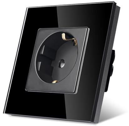 TAWOIA Schuko Steckdose, EU-Standard 1 Fach Glas Unterputz Steckdose 16Amp 250 V, Wandsteckdose mit Kristallglasplatte Schwarz 86×86mm