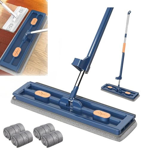 Großer Flachmop Bodenwischer Flacher Wischmopp Flachmopp mit Auswringfunktion 360° Drehgelenk Bodenwischer Set mit Wiederverwendbare Mikrofaser Wischpads für alle Böden (Blau Mopp+4 Wischpads)