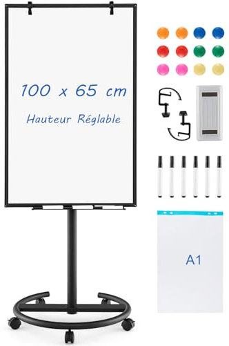 COSTWAY Tableau Blanc Effacable sur Pied, 100 x 65 cm, Tableau Blanc sur Pieds Hauteur Réglable 132-192 cm, Support Sur Roulettes, Cadre en Alu, Paper Board, pour École, Bureau