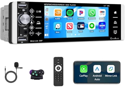 Autoradio Single Din mit Carplay Android Auto, Bluetooth Radio mit 5,1 Zoll IPS Touchscreen mit Mirror Link Mikrofon/AUX/FM/AM/RDS Lenkradfernbedienung Halterung Rückfahrkamera