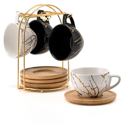 HOME DECOR Ceramic Cappuccino Cups Set of 4, 220ml Stackable Cappuccino Mugs and Saucer with Metal Stand for Coffee Lover, Cappuccino, Latte, Americano and Tea -Black&White