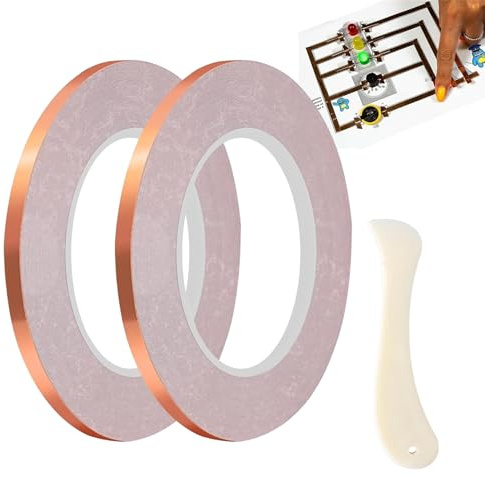 Firulab Cinta de lámina de Cobre para vidrieras,Cinta de lámina de Cobre,2 circuitos de Papel de Cinta de Cobre Flexible con Herramienta de Carpeta de Huesos - Adhesivos Conductores para fabricación