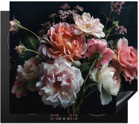 KitchenYeah© Protection Pour Plaque Induction Deco Cuisine Protégé Cache De | 60x52 cm - Cuisson Vitroceramique Fleurs - Roses - Blanc - Rose - Botanique - Plantes