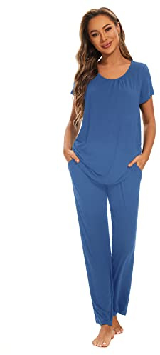 Smallshow kvinnors moderskap sjuksköterska pyjamas kortärmade amning sovkläder,Grey Blue,S