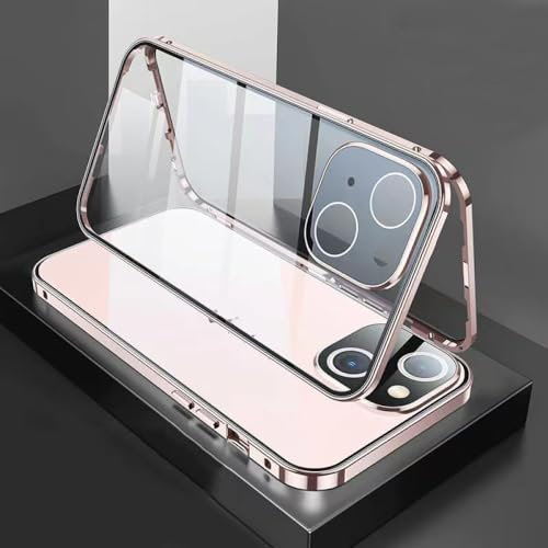 Custodia magnetica per telefono a doppia faccia in metallo per iPhone 14 Pro 15 Plus 13 Pro12 Mini 11 Pro Max Protezione obiettivo fotocamera Cover con chiusura a scatto,Rosa,Per iPhone 13ProMax