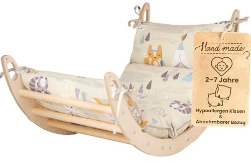 WoodsCraft Montessori Kletterspielzeug: Kletterbogen mit Kissen | hypoallergen Kissen für Kletterbogen, Kletterwippe, Holzwippe, Bogenwippe, holz Klettergerüst indoor, baby klettern indoor