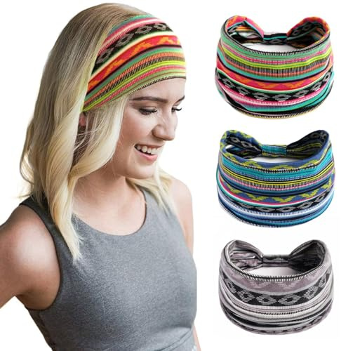 Breites StirnbandElastisches 3 Stück Boho-Haarbänder Vintage Schweißband | Knotted Yoga Stirnbänder Vintage stilvolle Kopfwickel Yoga Kopftücher für Frauen und Mädchen