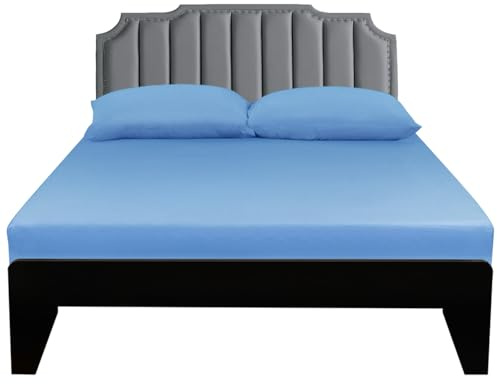 Lirex Double Cotton Fitted Sheet,100% Cotton 300 Thread Count Soft Breathable Deep Pocket up to 12 / 30cm,Sky Blue