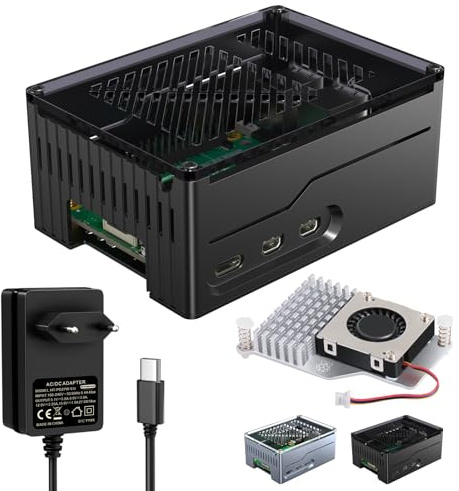Miuzei Metall Gehäuse für Raspberry Pi 5 Support NVMe SSD PCIe M.2 Hat X1001/ X1003/ X1000 mit 5A Netzteil Adapter Active Cooler Case for Pi 5 8GB 4GB Supports All SSD Expansion Above the Motherboard