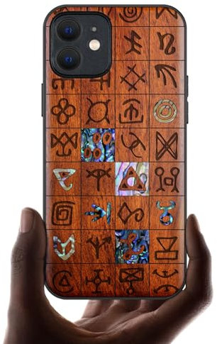 Carveit Coque Magnétique pour iPhone 12 Étui de TPU, Gravure en Bois et Incrustation de Coquille Cover Compatible Magsafe avec 12 Coque (Rosé-Runes mystiques)