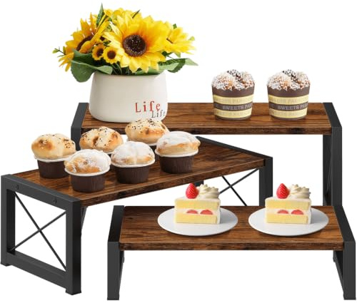 ELITEROO 3 Tier Cupcake Stand & Wood Display Risers, Dessert Stands for Cup Cake or Food, Riser Display Stand for Perfume Collectibles, Tiered Shelf Organizer for Market Retail Vendors, Rustic Brown
