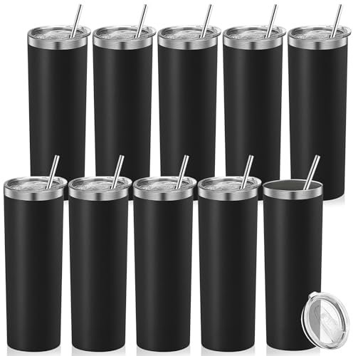 LYCN 10 Pack 20oz Stainless Steel Skinny Tumbler, Straight Tumblers Bulk with Lid and Straw, Black Insulated Slim Double Wall Tumbler Travel Mug Cups for Sport Gym DIY