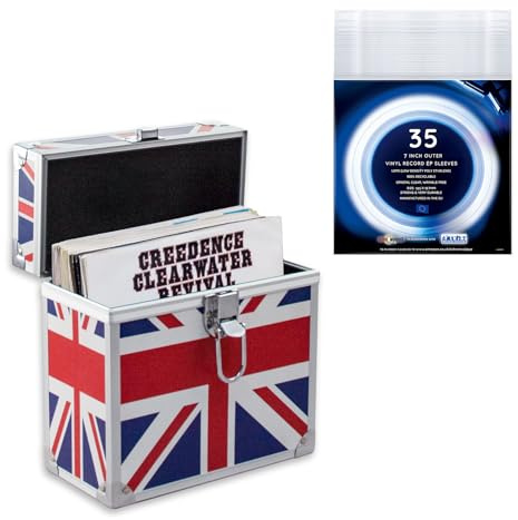 Retro musique Aluminium 7 Vinyl Record EP Storage Case Holds up to 35 EPs (in PVC Sleeves) Includes 35 Vinyl Record Outer Sleeves (Union Jack)