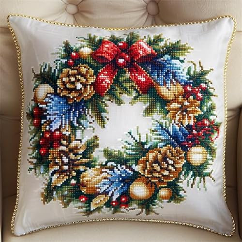 Lfynior Stickset für Kreuzstichkissen Weihnachten Stickkissen zum Selbersticken 45X45cm Stickpackung Stickset Kreuzstich Kissen zum Basteln Stickkissen Stickpackung mit Vorgedruckt Kreuzstichmotiv