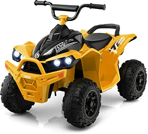 COSTWAY 12 V elektrisk barnfyrhjuling, elektrisk fyrhjuling med 2,2/4,3 km/h hastighet, barnmotorcykel med tupp, musik och LED-lampor, elektrisk fyrhjuling för barn från 3 till 8 år (gul)