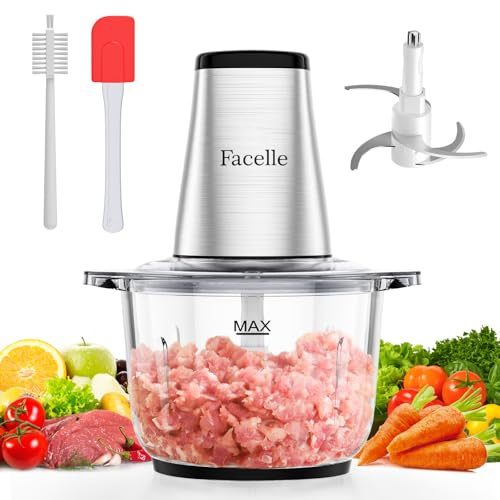 Food Processor, Facelle Meat Grinder 8-Cup Food Chopper Electric Vegetable Chopper 500W With 2L Glass Bowl & 4 Sharp Blades for Meat/Vegetable/Fruit/Nut/Baby Food