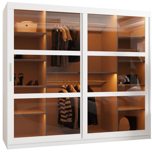 MEBLE KRYSPOL Dome Schrank mit Zwei Schiebetüren mit Spiegel, Stangen und Regalen - Aufbewahrungsschrank mit Rauchglas für Schlafzimmer, Wohnzimmer - 200x200x62cm - Weiß, Weiß, Silber