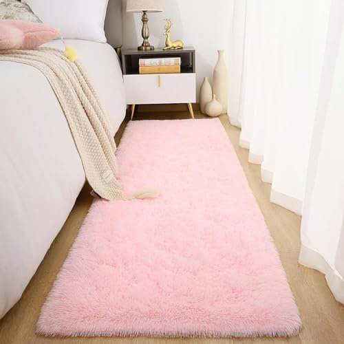 MYUANH Shaggy Hochflor Teppich Fellteppich 105 x 240 cm Waschbar Bis 30 Grad, Super Soft, Anti-Rutsch, Flauschig Wohnzimmerteppich, Rutschfester Teppich für Wohnzimmer, Schlafzimmer, Rosa