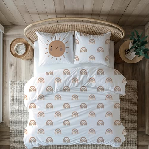 MTOnlinehandel Kinderbettwäsche Sunrise 80x80 + 135x200 · Boho Regenbogen & Sonne · kuschelig weich in Biber Flanell, 100% Baumwolle für Mädchen und Jungen, Geschenk für Kinder
