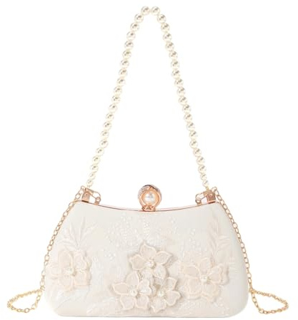 DAYnagh Abendtasche für Damen, mit Perlen und Blumen, Taschen und Clutches für Damen, Abendtasche, Handtasche, Damen, Umhängetasche, abnehmbare Kette, für Hochzeit, Party, weiß, 21x7x12,5cm