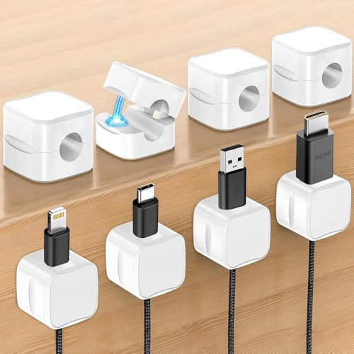 Soodyoow 8 Pack Cable Tidy Clips, Cord Organiser, Magnetic Desk Cable Clips Management, Self Adhesive Wire Holder, for Nightstand, Kitchen Appliances, Office Supplies, HDMI, USB, White