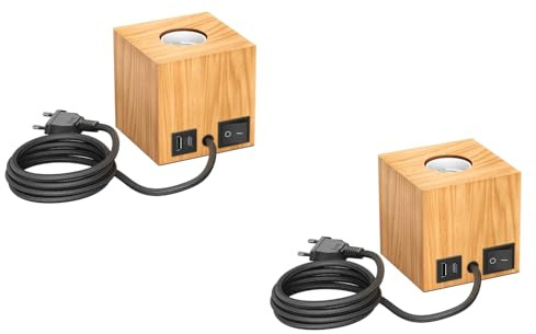 ledscom.de 2 lámparas de mesa HITO, interruptor, USB, madera auténtica (caucho), cuadradas, marrón claro, 1 casquillo E27 de máx. 60 W