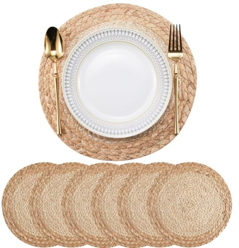 Junterone Set di 6 Tovagliette Boho - Tovagliette in Giacinto d'Acqua Intrecciate A Mano, Tovagliette Rotonde per Tavolo da Pranzo e Cucina da 13 Pollici